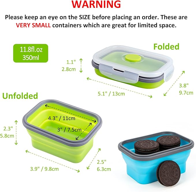 Collapsible Food Storage Containers with Airtight Lid, 11.8 oz, Small Kitchen Stacking Silicone Collapsible Meal Prep Container Set for Leftover, Microwave Freezer Dishwasher Safe, 4 Colors, Set of 4