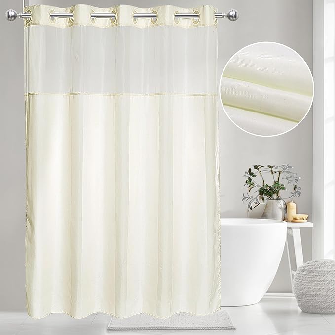 VIUOON No Hook Shower Curtain with Thick Fabric Bathroom Curtain with See Through Top, Hotel Grade, Machine Washable, 71Wx74L, Beige（No Liner）