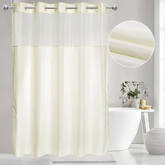 VIUOON No Hook Shower Curtain with Thick Fabric Bathroom Curtain with See Through Top, Hotel Grade, Machine Washable, 71Wx74L, Beige（No Liner）