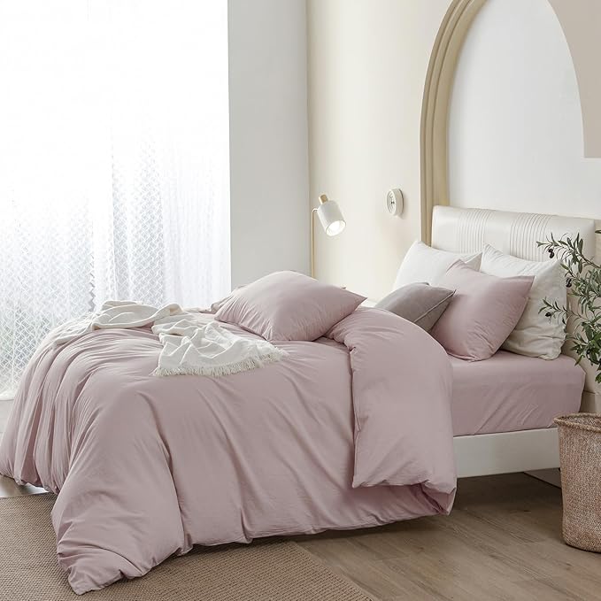JIYUAN 100% Washed Cotton Duvet Cover Set 3 Pieces Full, 1 Duvet Cover 80x90 Inches (Comforter Not Included) and 2 Pillowcases,Linen Feel Bedding Set Comfy and Breathable, Heathered Greyish Pink