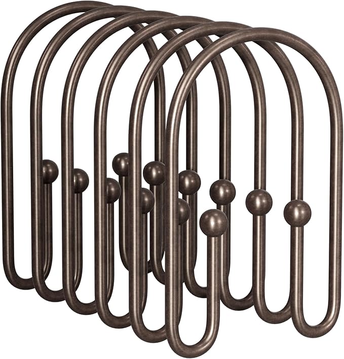 AmazerBath Shower Curtain Hooks, Simple Bronze Double Shower Curtain Hooks Rust Proof, Non-Slip Simple Shower Curtain Rings, Metal Shower Hooks for Shower Curtain Liner Bathroom, 12Pcs