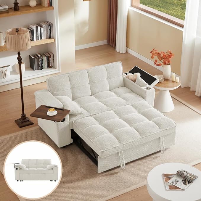 65'' Convertible Sleeper Sofa Bed with Adjustable Backrest, Chaise Lounge, Side Table & USB/Type-C Ports – Stylish & Functional Addition to Any Living Room (Modern Beige Sofa Bed)