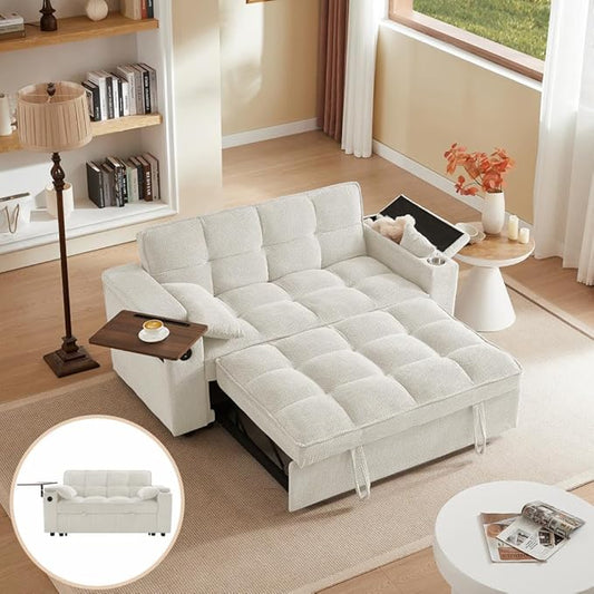 65'' Convertible Sleeper Sofa Bed with Adjustable Backrest, Chaise Lounge, Side Table & USB/Type-C Ports – Stylish & Functional Addition to Any Living Room (Modern Beige Sofa Bed)