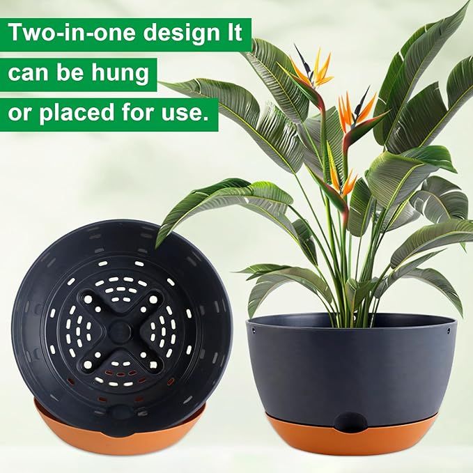 3 Pack Self Watering Planters for Plants Indoor,10 Inch Plant Pot Outdoor Plastic Flower Pot with Drainage and Saucers(Grey)