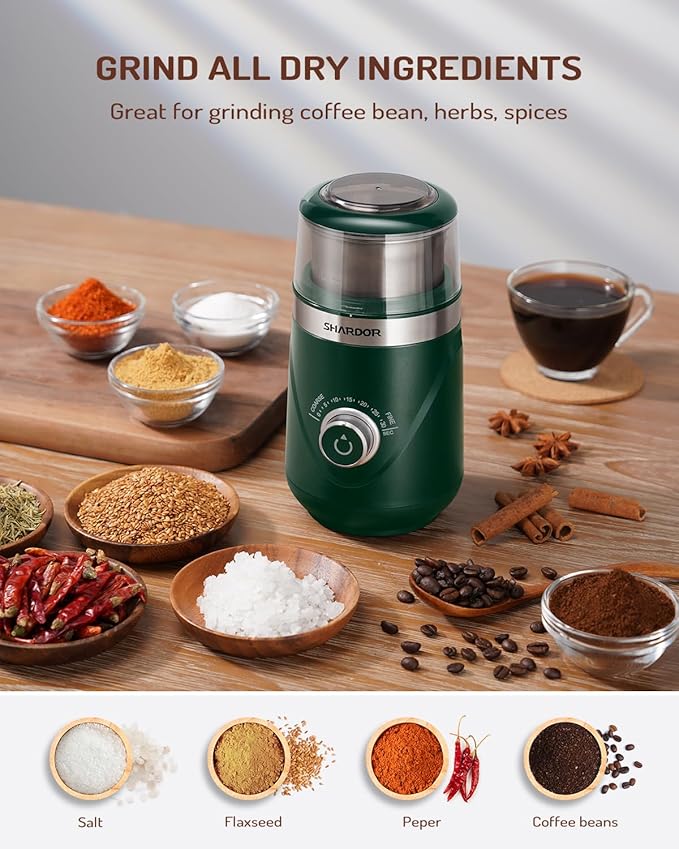 SHARDOR Electric Super Silent Blade Coffee Grinder, Timed Grind Control Rotary Knob, Adjustable Coarse to Fine for Coffee Beans, Spices & Herbs, with 1 Removable Stainless Steel Bowl, Green