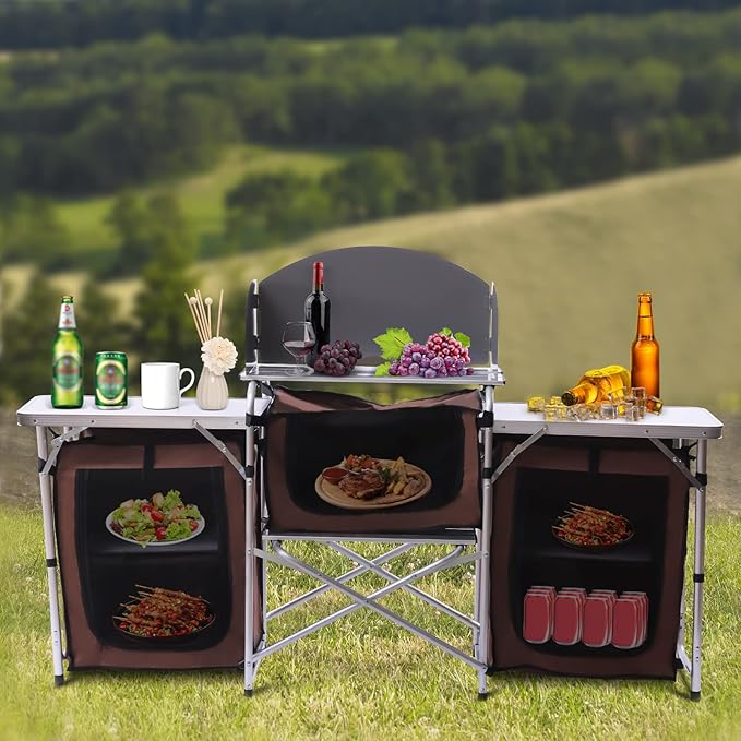 Camping Kitchen Table, Brown Aluminum Portable Folding Camp Cook Station, Outdoor Cooking Table with Windscreen and 3 Storage Cupboards for Picnic and BBQ