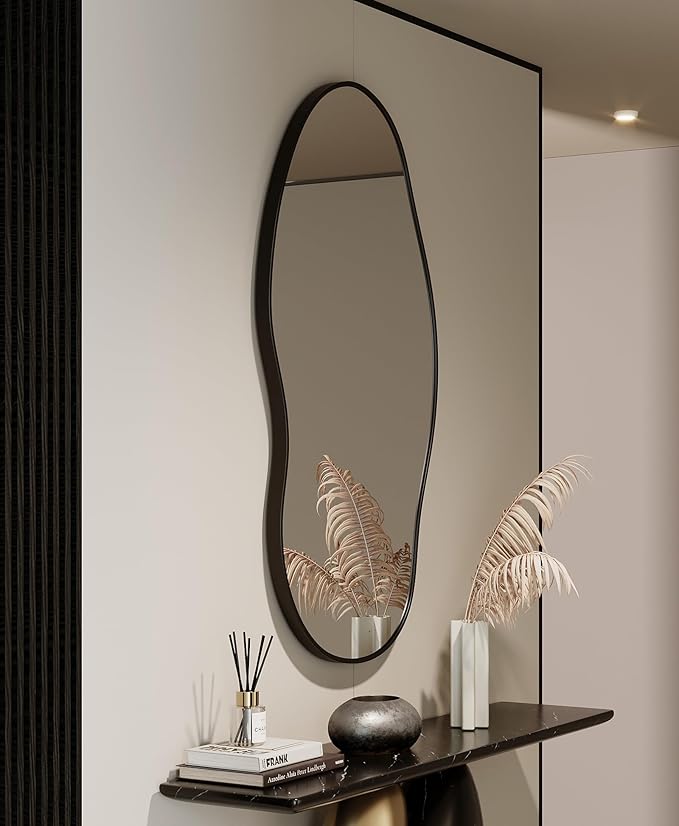Wavy Wall Mirror -46''×26'' Irregular Wall Mirror Decorative Alloy Framed Mirrors Abstract Artistic Mirrors Wavy Mirror for Cloakroom/Bedroom/Living Room/Entryway（Black）