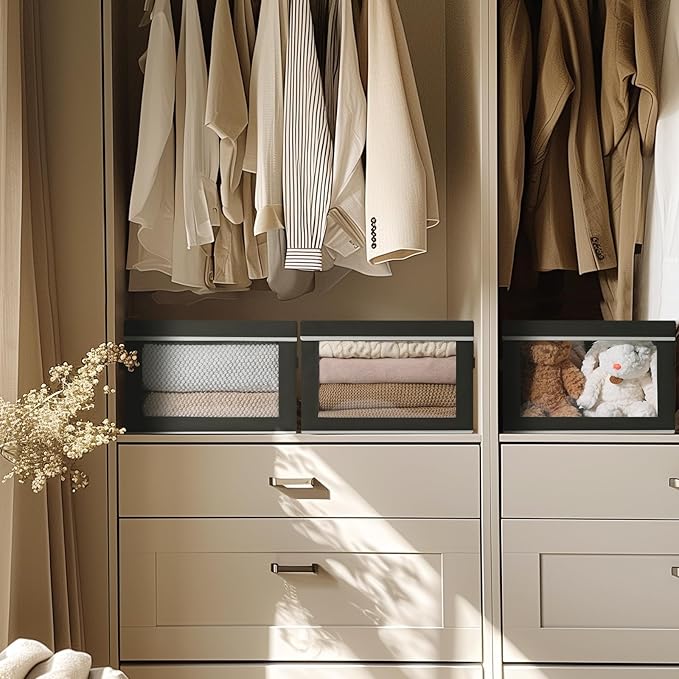 Large Storage Baskets Bins with Lids - Stackable Cube Bins for Closet, 3 Pack Black Windows Organizer Bins, Home Organizers and Storage for Clothes, CD, Towels