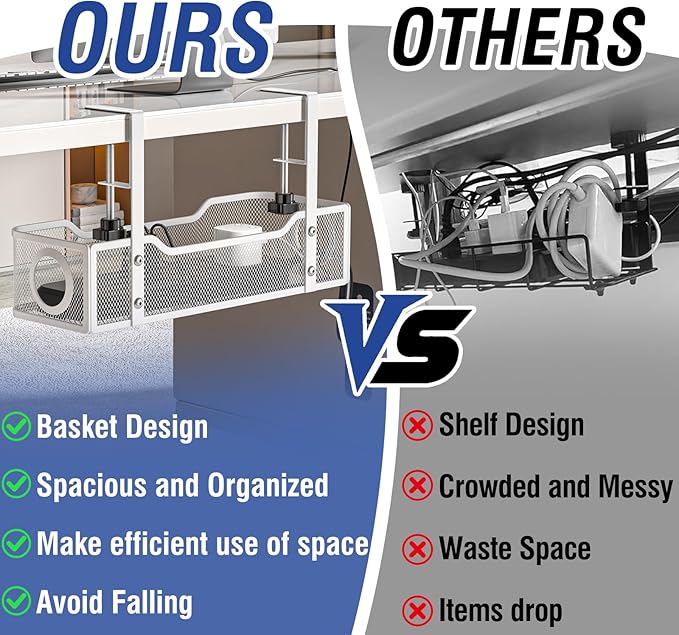 Under Desk Cable Management Tray - GZOKMOG No Drill Cord Organizer with Clamp, Workspace Organizers for Cords, Metal Mesh Wire Management for Home and Office, 2 Pack White, 13.38 inch