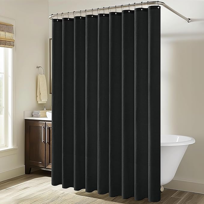 MIULEE Extra Wide Linen Shower Curtain with 18 Metal Hooks Washable Large Fabric Curtain Set Waterproof Neutral Thick Cloth Shower Curtains for Bathroom Hotel Bathtub, W108*L72, Black