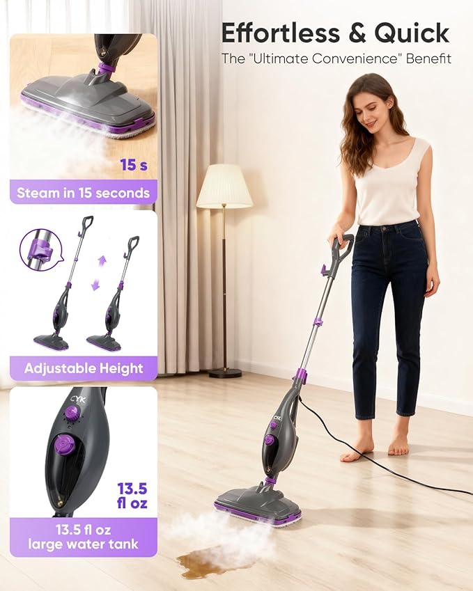 CYK Steam Mops for Floor Cleaning, 12 in 1 Handheld Steam Cleaner for Home, Floor Steamer for Hardwood Floors and Tile(Purple-grey)
