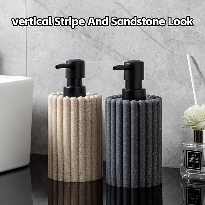 Soap Dispensers 350mL 11.84 OZ, 2 PCS Luxurious Hand Dish Lotion Shampoo Soap Dispenser Jar, Natural Stone Look Soap Pump Bottles for Kitchen Bathroom Countertop (Beige)