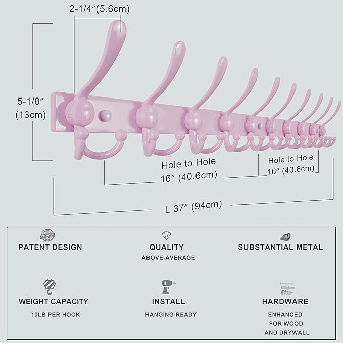 Dseap MaxStrong 2.0 Coat Rack Wall - 37” Long 10 Tri Hooks - Ultra Heavy-Duty Stainless Steel Wall Mount Coat Hanger, Hook Rail for Clothes Hats Jacket Towels Pink, Pack of 2