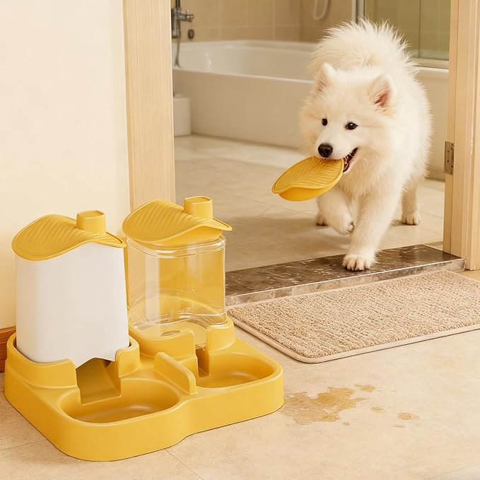 Automatic Cat Feeder, Dog Food and Water Bowl Set, Automatic Pet Feeder and Waterer Combo, 4L Cat Food Dispenser With, Gravity-Based Feeder for Cats and Small Dogs, No Need Electricity (Yellow)