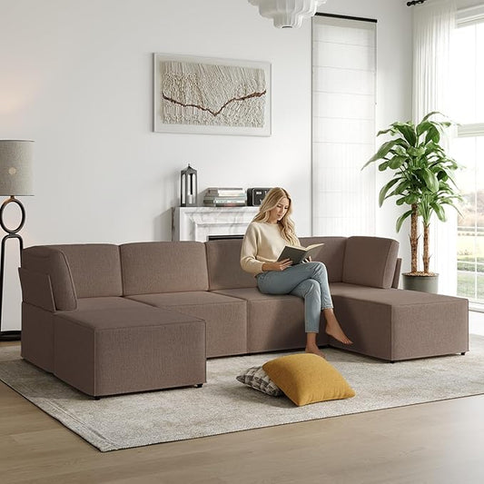 Mjkone 116'' Modular Sectional Sofa, 6-Seat Convertible U-Shaped/L-Shaped Deep Seat Couch with High Density Memory Foam Cushions, Ergonomic Backrests and 2 Movable Ottomans for Living Room, Brown