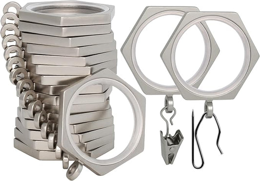 BlastHome® Luxury Curtain Rings - Premium Metal with Quiet, Smooth Nylon Inserts - Pinhooks and Clips Included - 1 1/2" Inside Diameter - 18 Pack for Two Curtain - Brushed Nickel