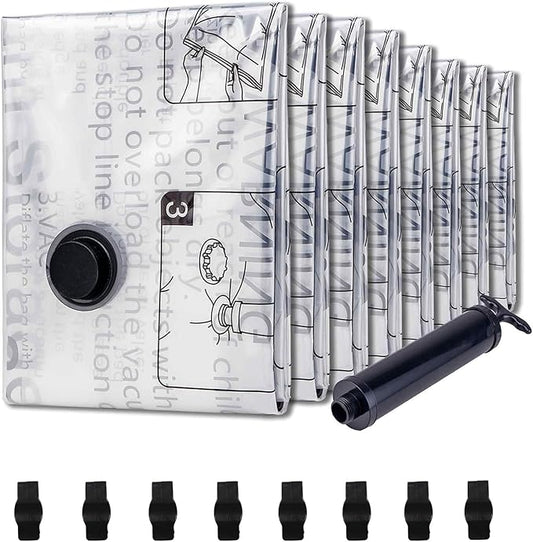 8 Medium Vacuum Storage Seal Bags, Space Saver Bags with Travel Hand Pump, Compression Airtight Sealer Bags for Clothes, Bedding, Pillows, Comforters, Blankets