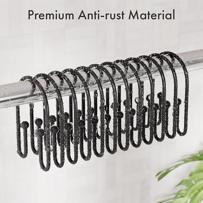 AmazerBath Shower Curtain Hooks, Simple Black Shower Curtain Hooks Rust Proof, Metal Shower Curtain Rings, Double Side Shower Hooks for Shower Curtain, Double Shower Hooks Rings Liner Bathroom, 12Pcs