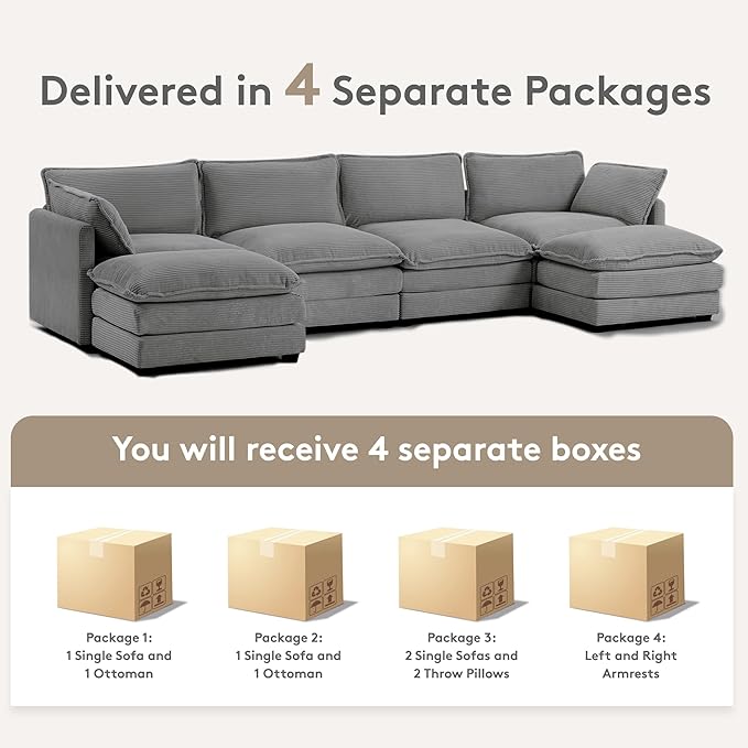 ROWHY 148'' Sectional Cloud Couch with 2 Ottomans, Oversized 4 Seat Sleeper Sofa with 2 Throw Pillows, Convertible Upholstered U Shaped Cozy Sofa Furniture Set for Living Room and Office, Dark Grey
