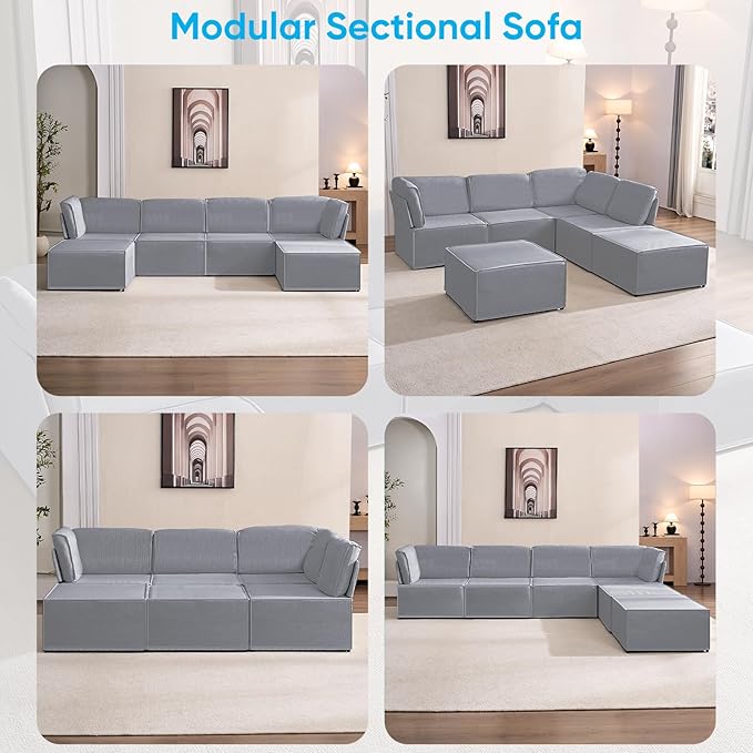 Mjkone 116'' Modular Sectional Sofa, 6-Seat Convertible U-Shaped/L-Shaped Deep Seat Couch with High Density Memory Foam Cushions, Ergonomic Backrests and 2 Movable Ottomans for Living Room, Light Gray