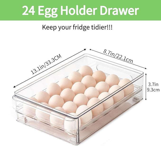 vacane 24 Capacity Egg Holder for Refrigerator Organizer Bins, BPA Free Egg Storage Container with Non-Slip Pads, Space-Saving Egg Tray for Fridge Drawer