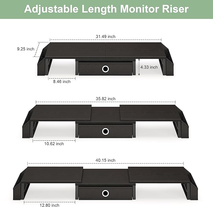 Dual Monitor Stand Riser w/ Drawer & Metal Leg, Large Computer Monitor Riser w/ Storage For 2 Monitors, Desk Shelf For Monitor w/ Adjustable Length & Angle, Desktop Organizer For Laptop/TV/Printer