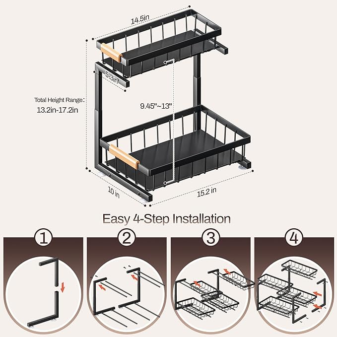 ADBIU Under Sink Organizer, 2 Pack 2 Tier Expandable Height (13.2" - 17.2") Pulling Out Kitchen Bathroom Cabinet Organizers