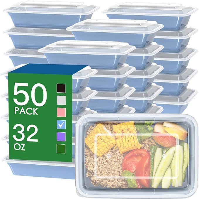 50 Pack (100-Piece) 32 oz Meal Prep Containers Reusable with Easy Open Lids, Sturdy Leakproof Food Safe, Microwave Freezer Dishwasher Safe, To Go Take Out Plastic Food Storage Pans with Lids, Blue
