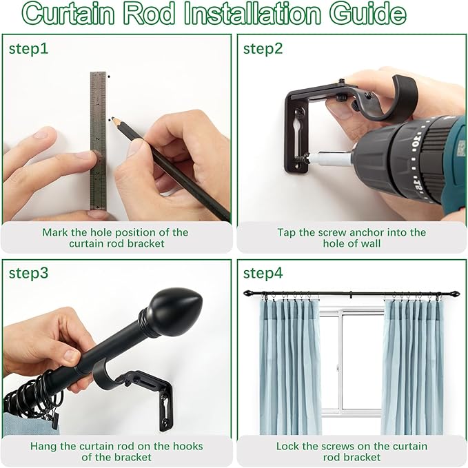 Curtain Rods for Windows 16 to 136 inches, Curtain Rod Max Adjustable Length to 146 in, Drapery Rod 1 inch Diameter with Modern Knobs Finials (Black, 16" to 136" - Set of 1)