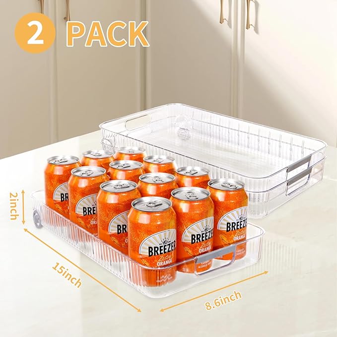 Refrigerator Organizers and Storage Roll Out Storage Bins Fridge Organizer with Wheels BPA-Free Clear Plastic Storage Bins Pantry Organizers and Storage 2 Pack