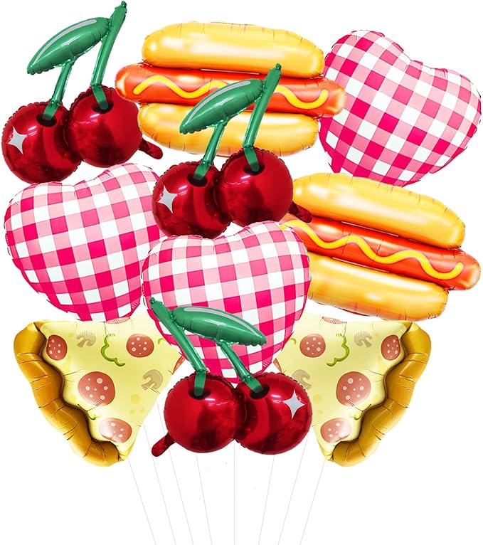 10 Pcs Food Balloon Kit Hot Dog, Pizza, Cherry Balloons and Red White Plaid Gingham Balloon for Summer Picnic BBQ/Pizza, Hot Dog Party/Picnic Themed Balloon for Birthday Party Decorations