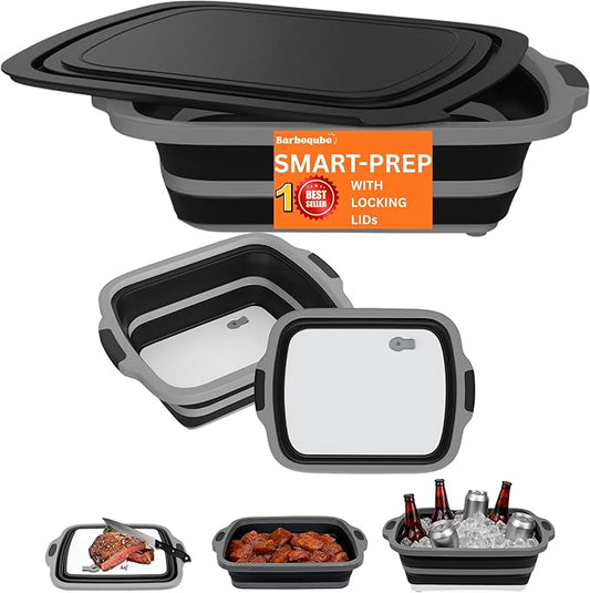 Collapsible BBQ Prep Tub XL with Locking Lid & Cutting Board - Pro-Grade Silicone Grill Station for Brisket, Ribs, Meal Prep - Space-Saving Portable Container for Camping, Tailgating & Outdoor Cooking
