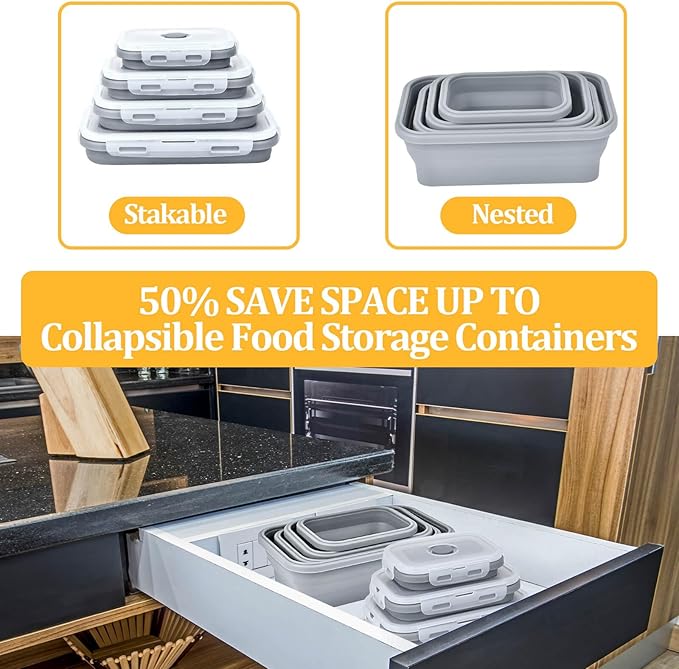 Collapsible Silicone Food Storage Container, Meal Prep Food Storage Containers with Lids, Lunch Containers Collapsible Bowls Sets for Microwave, Oven, Freezer and Dishwasher, BPA Free, Dark Blue