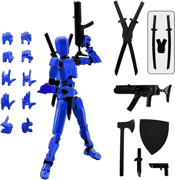 (Assembly Completed) 3D Printed Figure 5.54-inch Dummy13 with Weapon Expansion Set, Full Body Mechanical Movable Toy, Desk Decoration. (Bright Blue)