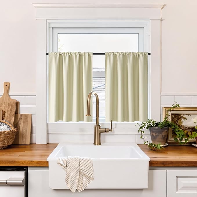 RYB HOME 100% Blackout Short Curtains for Small Window, Thermal Insulated Total Room Darkening Noise Reducing Curtains for Basement Bathroom RV Cars, 29 inches Wide by 30 inches Long, Beige