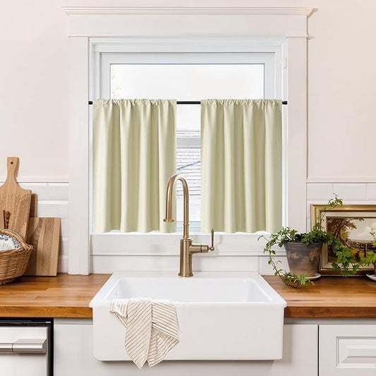 RYB HOME 100% Blackout Short Curtains for Small Window, Thermal Insulated Total Room Darkening Noise Reducing Curtains for Basement Bathroom RV Cars, 29 inches Wide by 30 inches Long, Beige