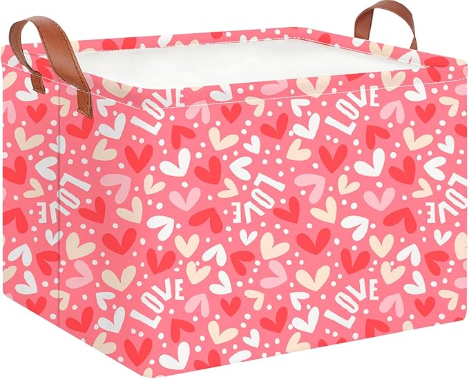 CLOCOR Rectangular Valentine's Day Basket,Pink Heart Print Gift Basket,Collapsible Fabric Storage Container(Full Love)
