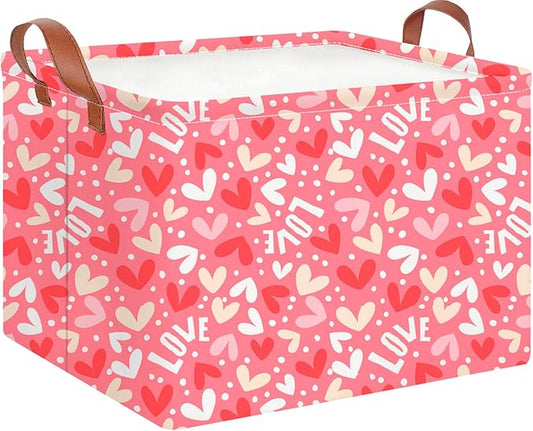 CLOCOR Rectangular Valentine's Day Basket,Pink Heart Print Gift Basket,Collapsible Fabric Storage Container(Full Love)