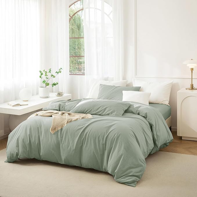 JIYUAN 100% Washed Cotton Duvet Cover Set 2 Pieces Twin, 1 Duvet Cover 68x90 Inches(Comforter Not Included) and 1 Pillowcases,Linen Feel Bedding Set Comfy and Breathable, Heathered Sage Green