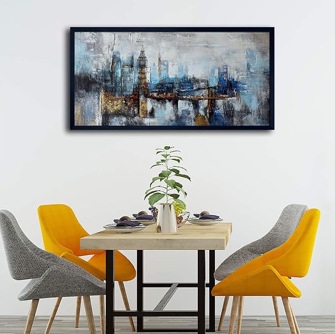 Large Wall Art for Bedroom Abstract City View Canvas Art Gray Blue Buildings Prints for Bedroom Wall Art Office Artwork Wall Decor for Living Room Decor 29x58 inches Black Framed