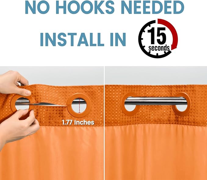 Burnt Orange No Hook Shower Curtain with Snap in Liner,230GSM Waffle Weave Shower Curtains for Bathroom,71W x 74H