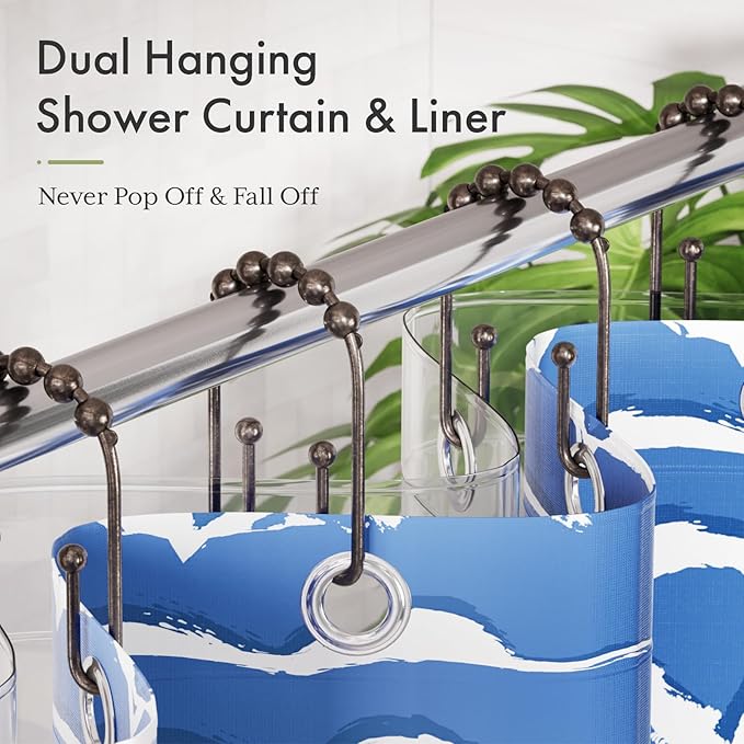 AmazerBath Shower Curtain Hooks Bronze Shower Curtain Rings Rust Proof, Non-Slip Shower Curtain Double Hooks, Smooth Metal Shower Hooks for Shower Curtain Liner Bathroom, 12Pcs Shower Rod Hooks