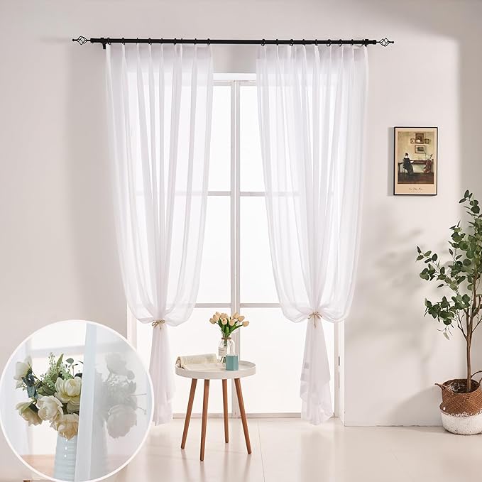 108 Inches Long Pure White Curtains for Bedroom Living Room Pinch Pleated Chiffon Sheer Curtains Light Filterring Semi-Sheer Curtain Pinch Pleat Drapes, 2 Panels,W52 x L108