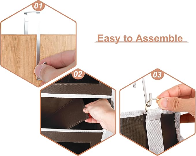 2 Packs 5-Tier Over the Door Storage Organizer with 10 Side Mesh Pockets, 48 lbs Load Capacity, 3 Hooks Design, Hanging Organizer with Clear Windows for Bathroom, Bedroom, Nursery, Kitchen-Brown