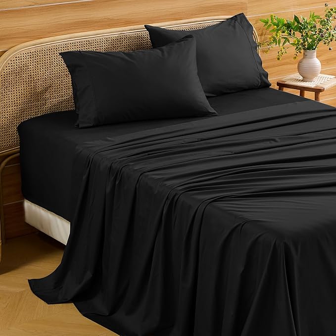Bedlifes Deep Pocket Sheets 18-24 Inch, Queen Size Egyptian Cotton 1000 Thread Count, 4-Piece - Fits Extra Thick Mattresses, Cooling & Breathable (Black)