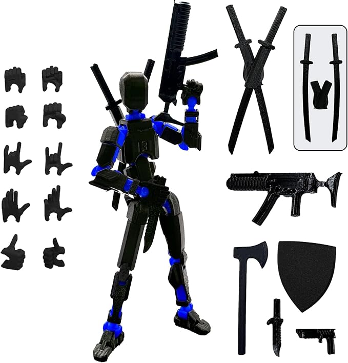 (Assembly Completed) 3D Printed Figure 5.54-inch Dummy13 with Weapon Expansion Set and Bracket, Full Body Mechanical Movable Toy, Desk Decoration. (Black+Blue)