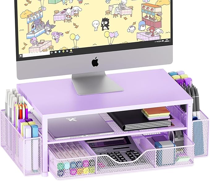Desk Organizers and Accessories, 2-Tier Computer Monitor Stand Riser with Drawer and 2 Pen Holders, Laptop Stand, Office Desk Accessories & Office Decor for Women, Purple