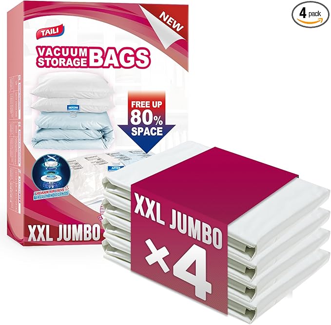TAILI 4 Pack Vacuum Storage Bags for Comforter and Blankets, XXL Jumbo Vacuum Seal Bags for Bedding (47x39 Inch), Huge Space for Toy, Bedding, Pillows, Save More Closet Space