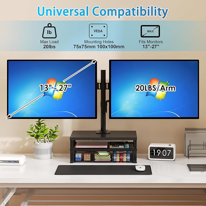 Dual Monitor Stand with Desk Organizer, Heavy Duty VESA Dual Monitor Arm Mount for 13″-27″ Computer Screens, Free-Standing Monitor Arms for 2 Monitors, Adjustable Height Angle, Loads 20Lbs/Arm, Black