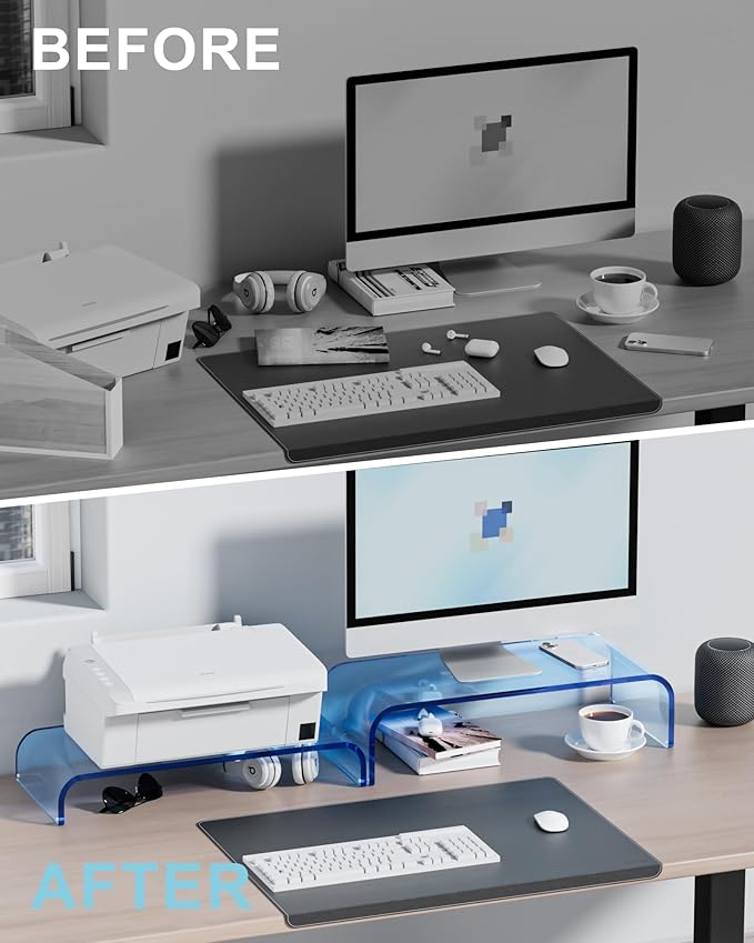 Acrylic Dual Monitor Stand Riser 2 Tier, Modular Laptop Stand for Desk, Multifunctional Desktop Organizer Shelf for PC, iMac, Printer, Detachable Monitor Stand for Office or Home, Blue